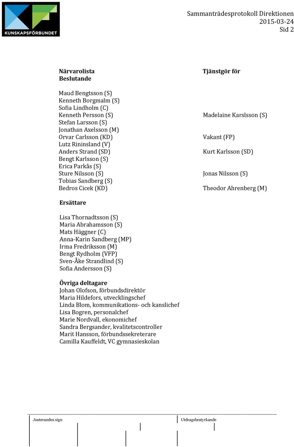 Ahrenberg (M) Ersättare Lisa Thornadtsson (S) Maria Abrahamsson (S) Mats Häggner (C) Anna-Karin Sandberg (MP) Irma Fredriksson (M) Bengt Rydholm (VFP) Sven-Åke Strandlind (S) Sofia Andersson (S)