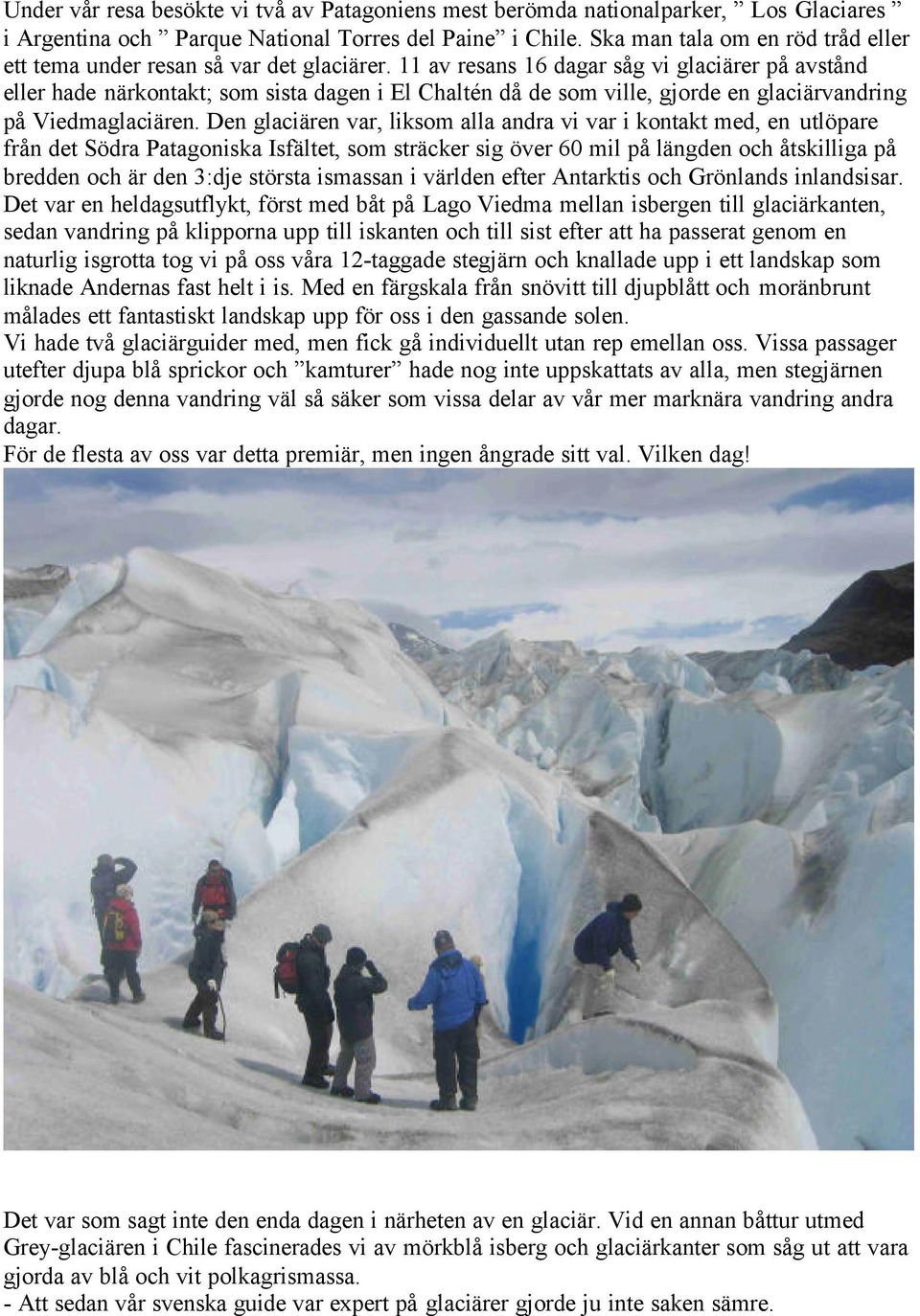 11 av resans 16 dagar såg vi glaciärer på avstånd eller hade närkontakt; som sista dagen i El Chaltén då de som ville, gjorde en glaciärvandring på Viedmaglaciären.