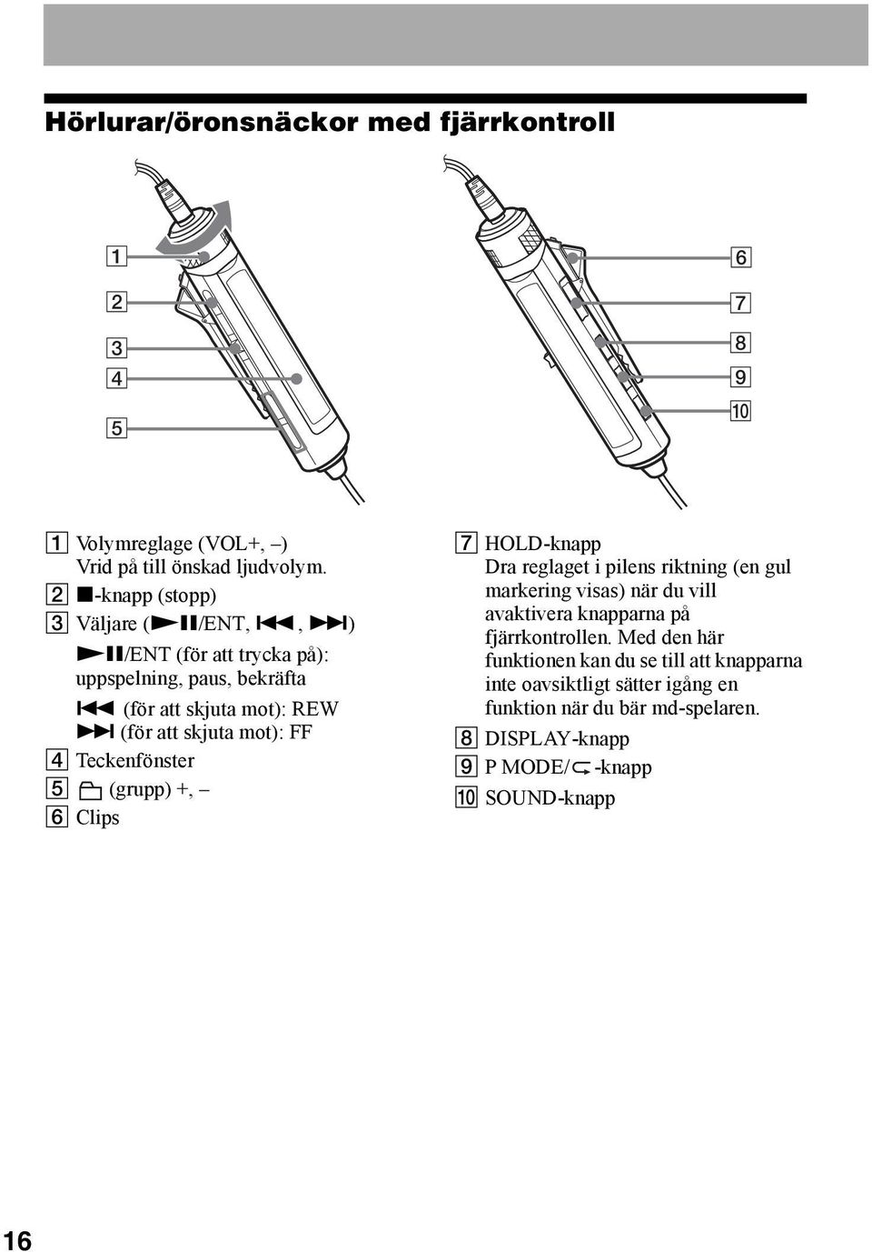 (för att skjuta mot): REW > (för att skjuta mot): FF D Teckenfönster E (grupp) +, F Clips G HOLD-knapp Dra reglaget i pilens riktning (en gul
