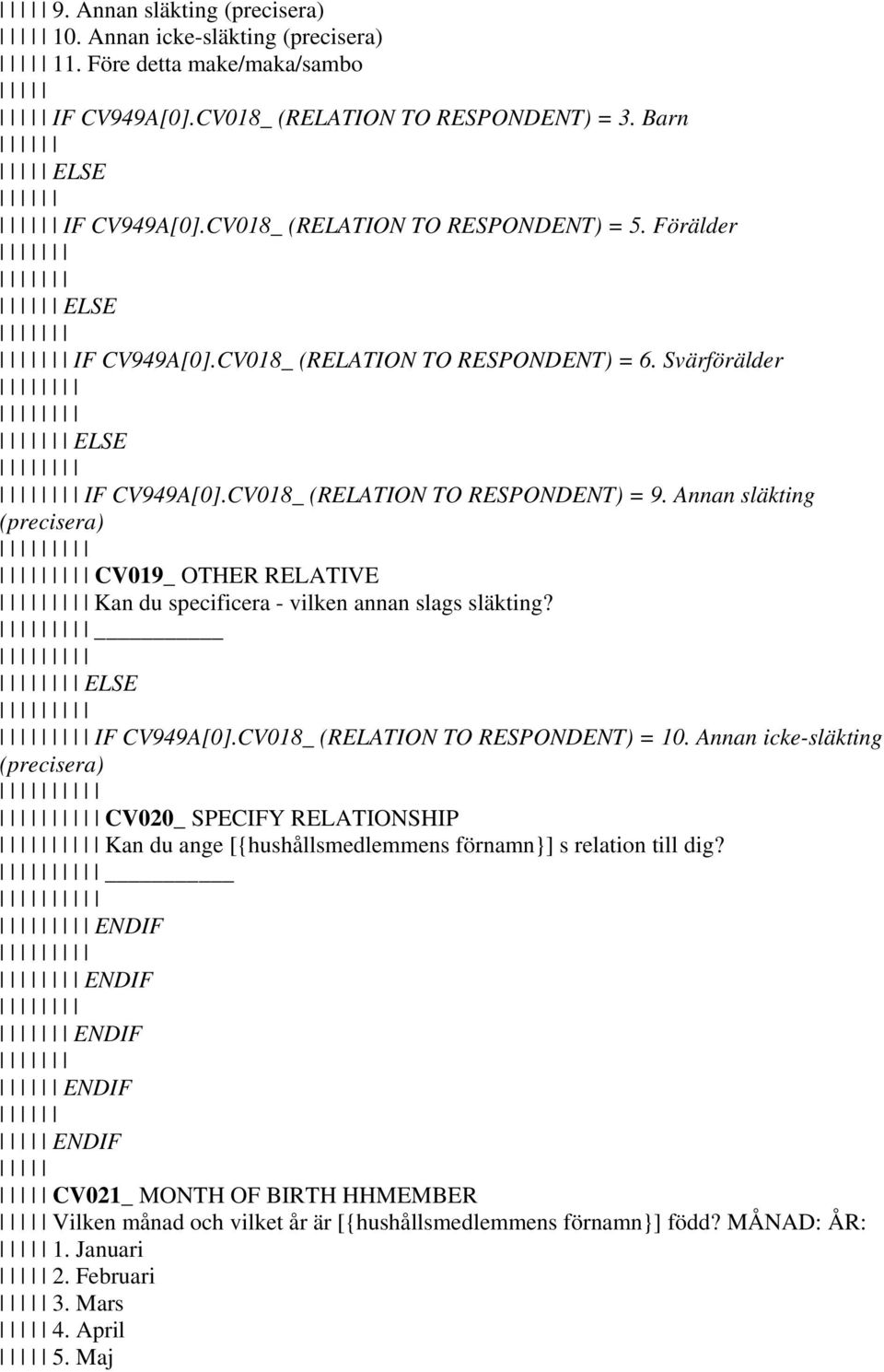 Annan släkting (precisera) CV019_ OTHER RELATIVE Kan du specificera - vilken annan slags släkting? ELSE IF CV949A[0].CV018_ (RELATION TO RESPONDENT) = 10.