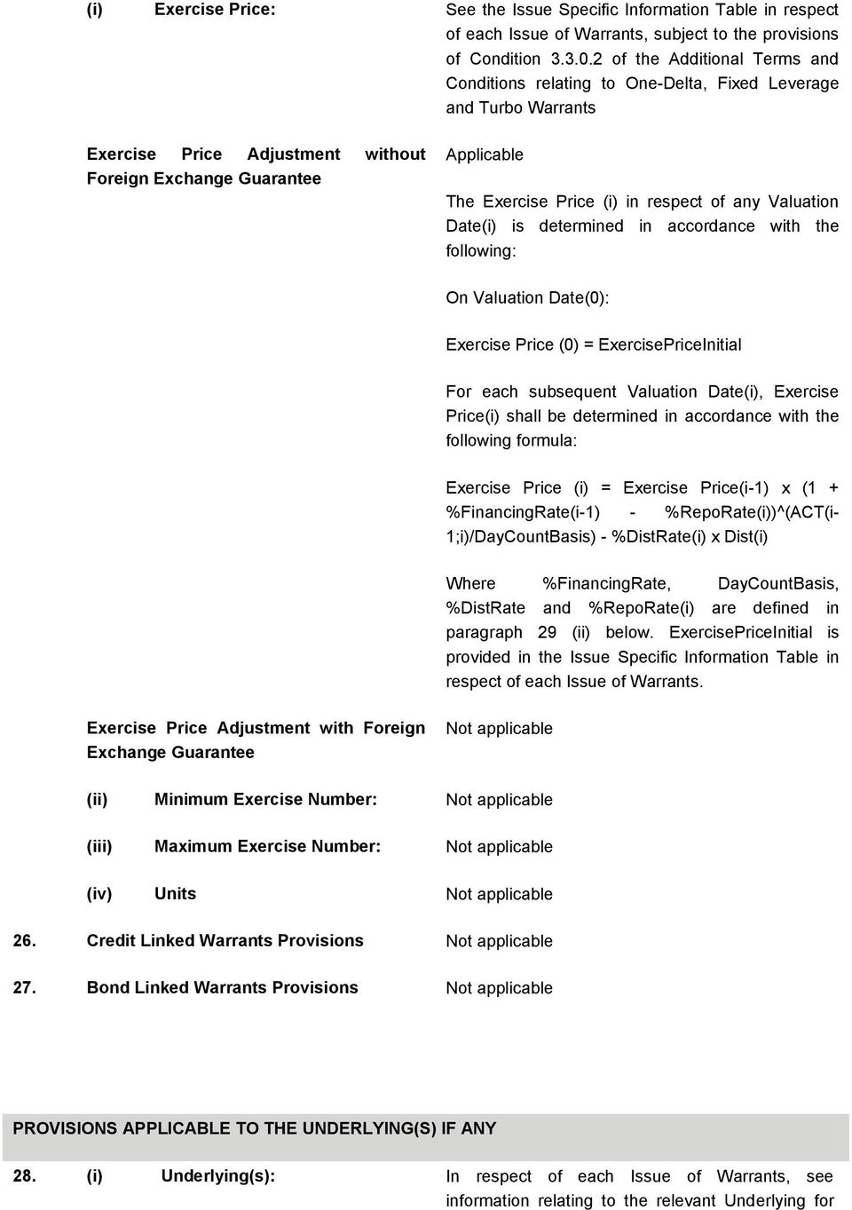 any Valuation Date(i) is determined in accordance with the following: On Valuation Date(0): Exercise Price (0) = ExercisePriceInitial For each subsequent Valuation Date(i), Exercise Price(i) shall be