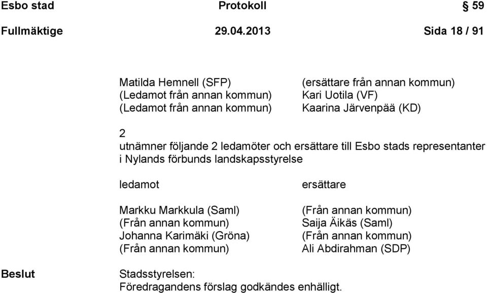 Kaarina Järvenpää (KD) 2 utnämner följande 2 ledamöter och ersättare till Esbo stads representanter i Nylands förbunds landskapsstyrelse