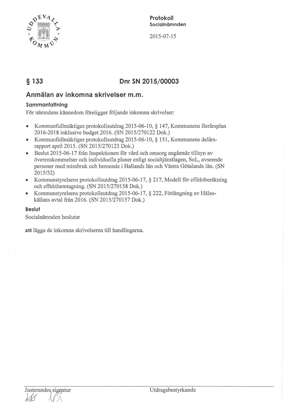 ) 2015-06-1 7 från Inspektionen för vård och omsorg angående tillsyn av överenskommelser och individuella planer enligt socialtjänstlagen, SoL, avseende personer med missbruk och beroende i Hallands