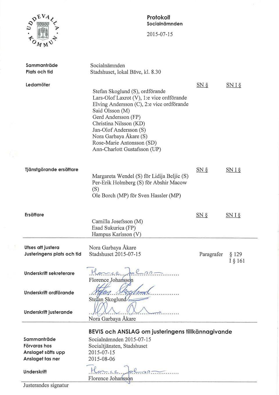 (S) Nora Garbaya Åkare (S) Rose-Marie Antonsson (SD) Ann-Charlott Gustafsson (UP) SNI ijän~görondee~äha~ Margareta Wendel (S) för Lidija Beljic (S) Per-Erik Holmberg (S) för Abshir Macow (S) Ole