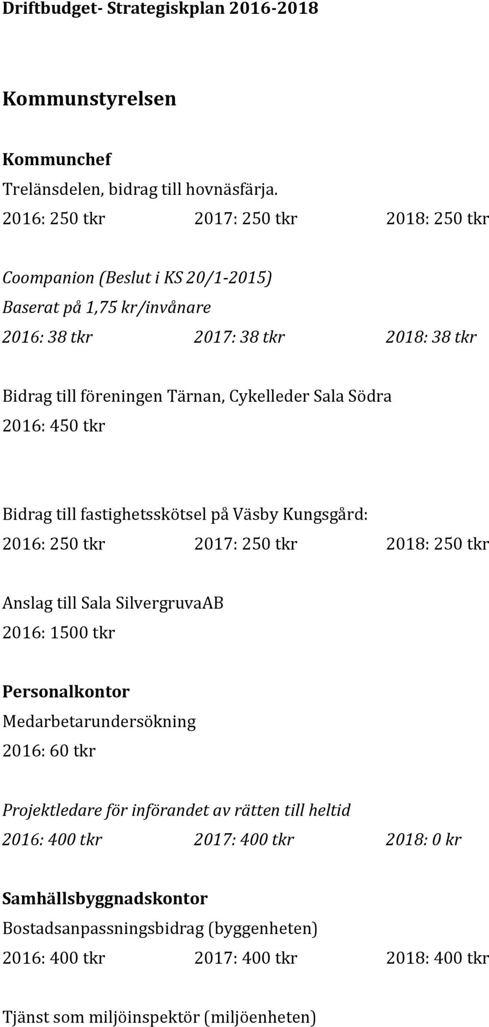 Cykelleder Sala Södra 2016: 450 tkr Bidrag till fastighetsskötsel på Väsby Kungsgård: 2016: 250 tkr 2017: 250 tkr 2018: 250 tkr Anslag till Sala SilvergruvaAB 2016: 1500 tkr