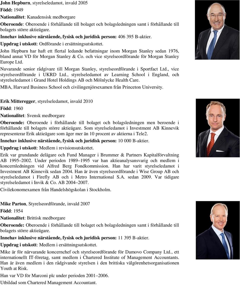 John Hepburn har haft ett flertal ledande befattningar inom Morgan Stanley sedan 1976, bland annat VD för Morgan Stanley & Co. och vice styrelseordförande för Morgan Stanley Europe Ltd.