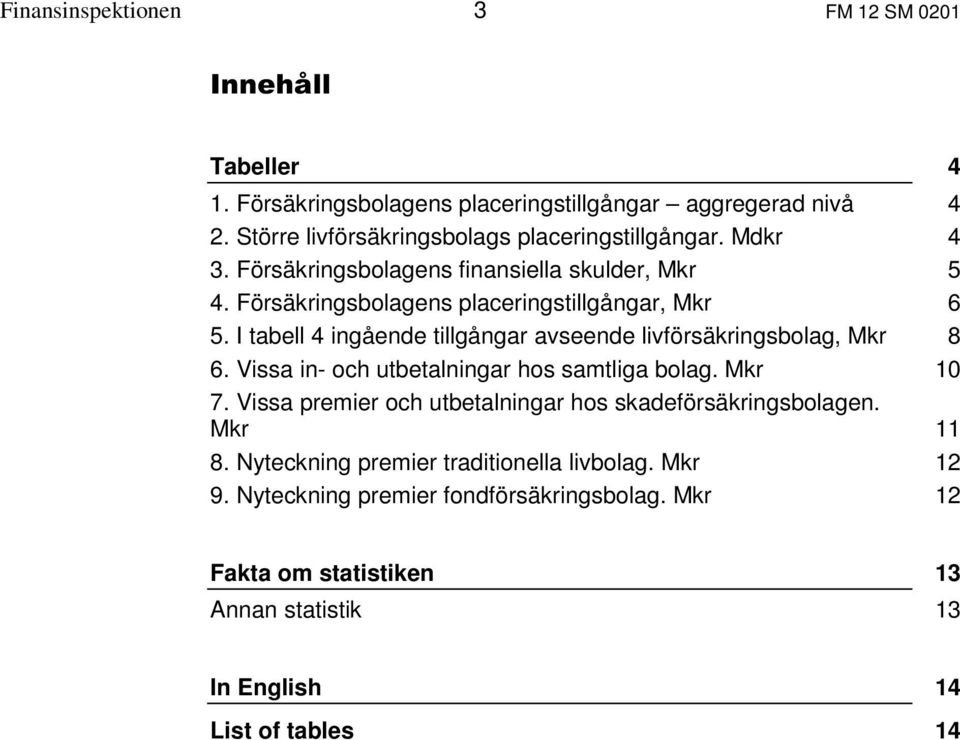 I tabell 4 ingående tillgångar avseende livförsäkringsbolag, Mkr 8 6. Vissa in- och utbetalningar hos samtliga bolag. Mkr 10 7.