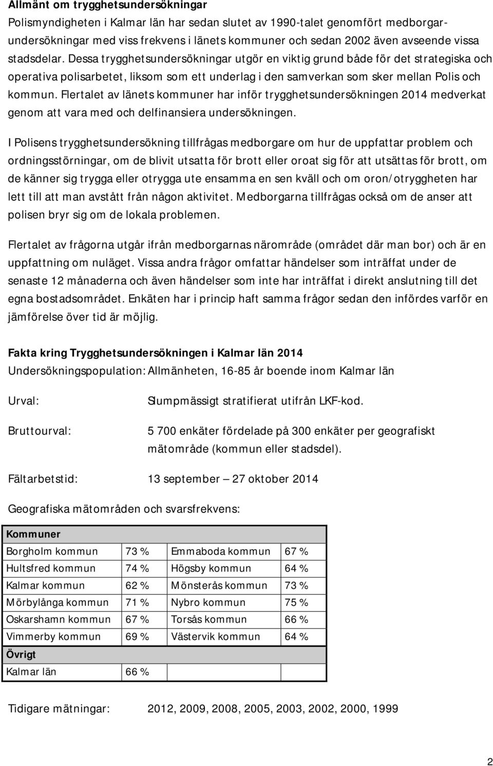 Flertalet av länets kommuner har inför trygghetsundersökningen 2014 medverkat genom att vara med och delfinansiera undersökningen.