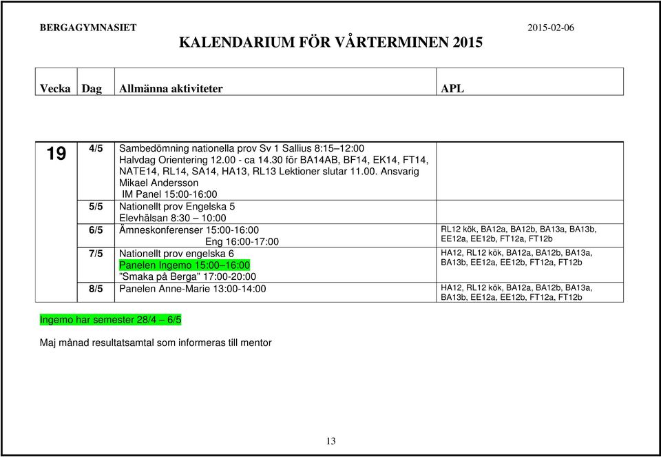 Ansvarig Mikael Andersson IM Panel 15:00-16:00 5/5 Nationellt prov Engelska 5 Elevhälsan 8:30 10:00 6/5 Ämneskonferenser 15:00-16:00 Eng 16:00-17:00 7/5 Nationellt prov