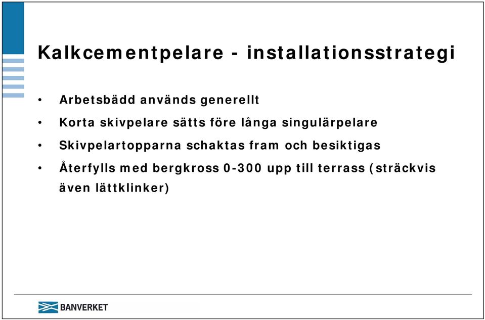 Skivpelartopparna schaktas fram och besiktigas Återfylls med