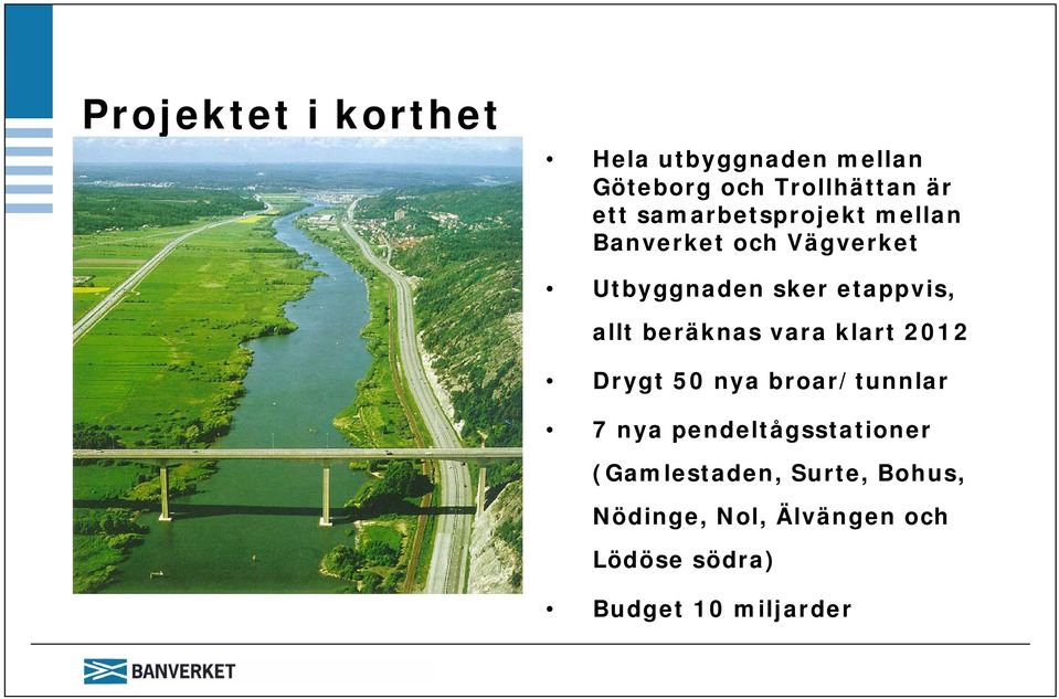 beräknas vara klart 2012 Drygt 50 nya broar/tunnlar 7 nya pendeltågsstationer