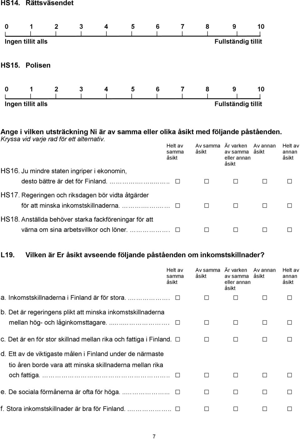 Helt av Av samma Är varken Av annan Helt av samma åsikt av samma åsikt annan åsikt eller annan åsikt åsikt HS16. Ju mindre staten ingriper i ekonomin, desto bättre är det för Finland...... HS17.