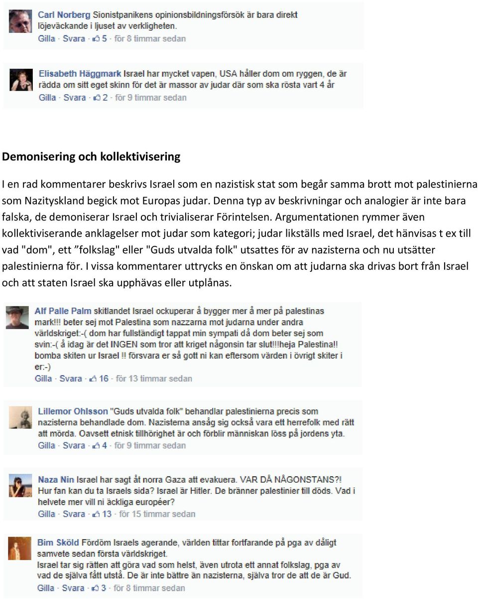 Argumentationen rymmer även kollektiviserande anklagelser mot judar som kategori; judar likställs med Israel, det hänvisas t ex till vad "dom", ett folkslag" eller