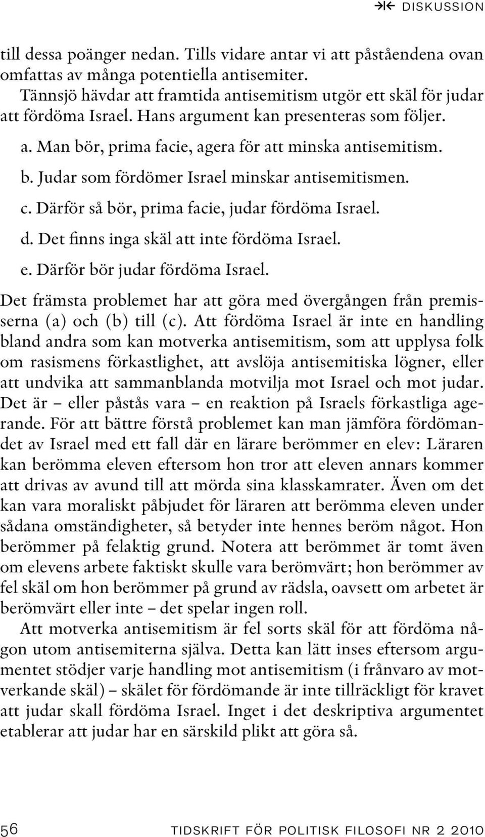 Därför så bör, prima facie, judar fördöma Israel. d. Det finns inga skäl att inte fördöma Israel. e. Därför bör judar fördöma Israel.