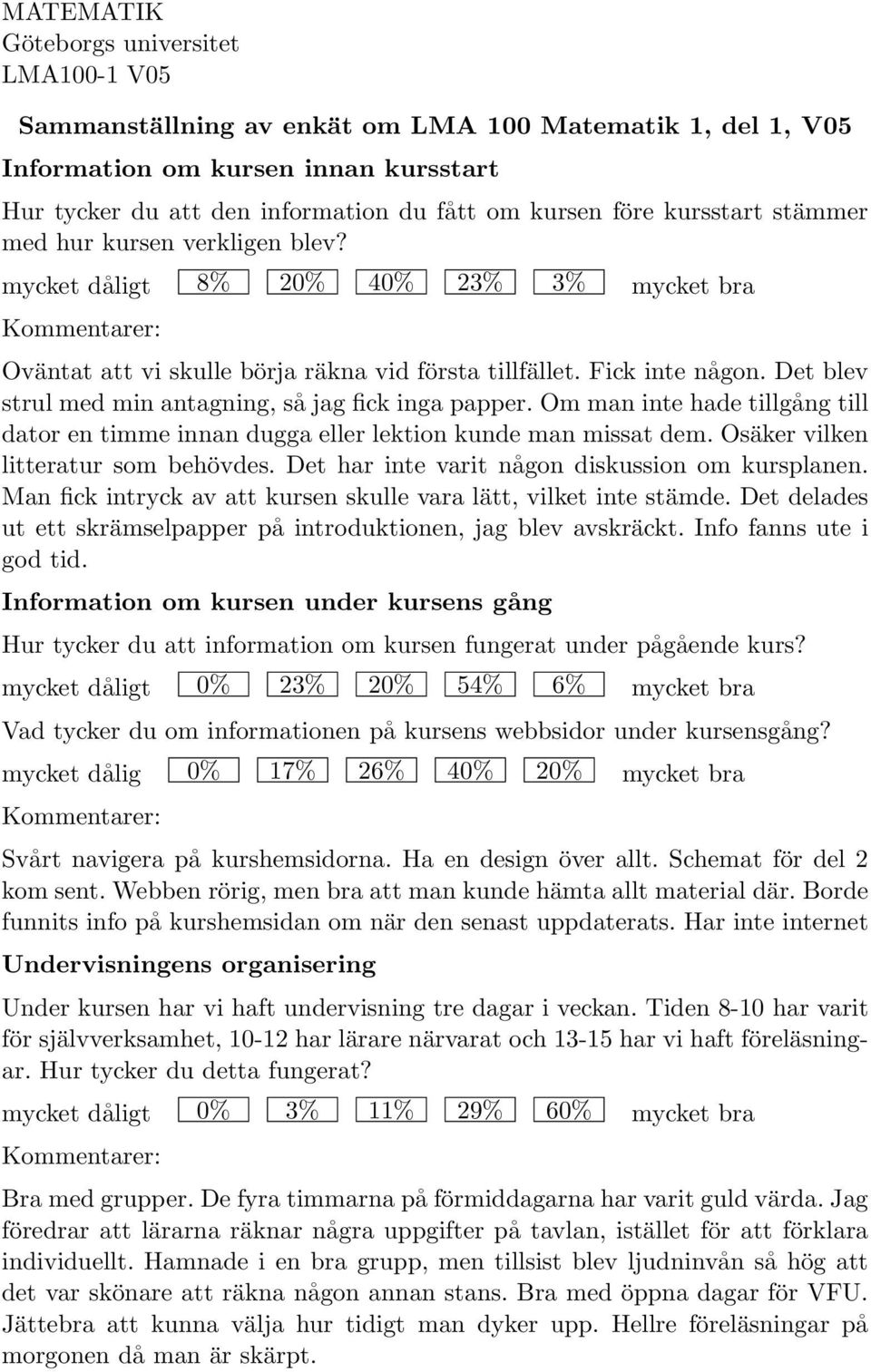 Det blev strul med min antagning, så jag fick inga papper. Om man inte hade tillgång till dator en timme innan dugga eller lektion kunde man missat dem. Osäker vilken litteratur som behövdes.
