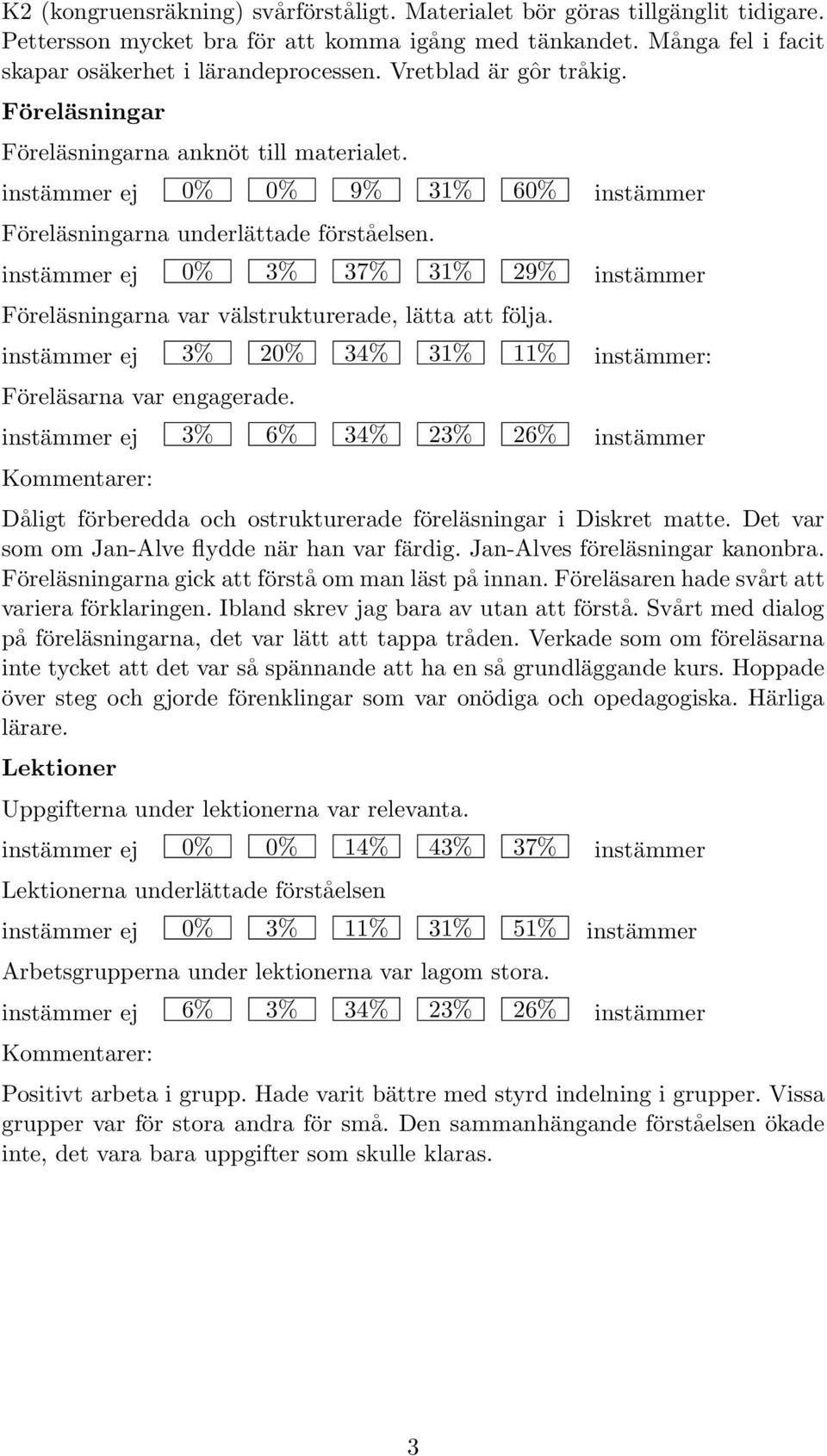 instämmer ej 0% 3% 37% 31% 29% instämmer Föreläsningarna var välstrukturerade, lätta att följa. instämmer ej 3% 20% 34% 31% 11% instämmer: Föreläsarna var engagerade.
