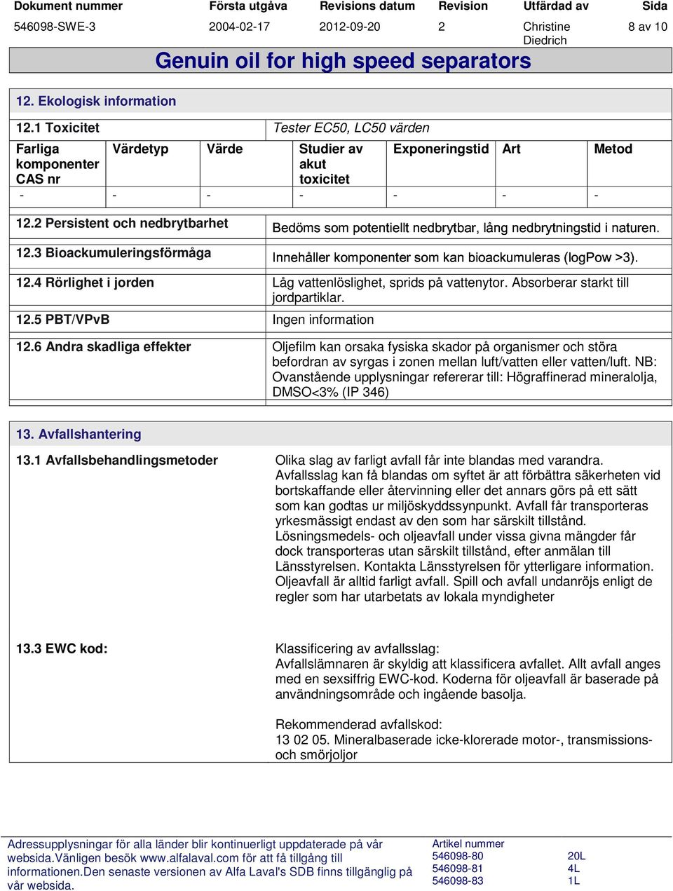 naturen. Metod >3). komponenter akut CAS nr toxicitet - 12.2 Persistent och nedbrytbarhet 12.3 Bioackumuleringsförmåga 12.4 Rörlighet i jorden Låg vattenlöslighet, sprids på vattenytor.