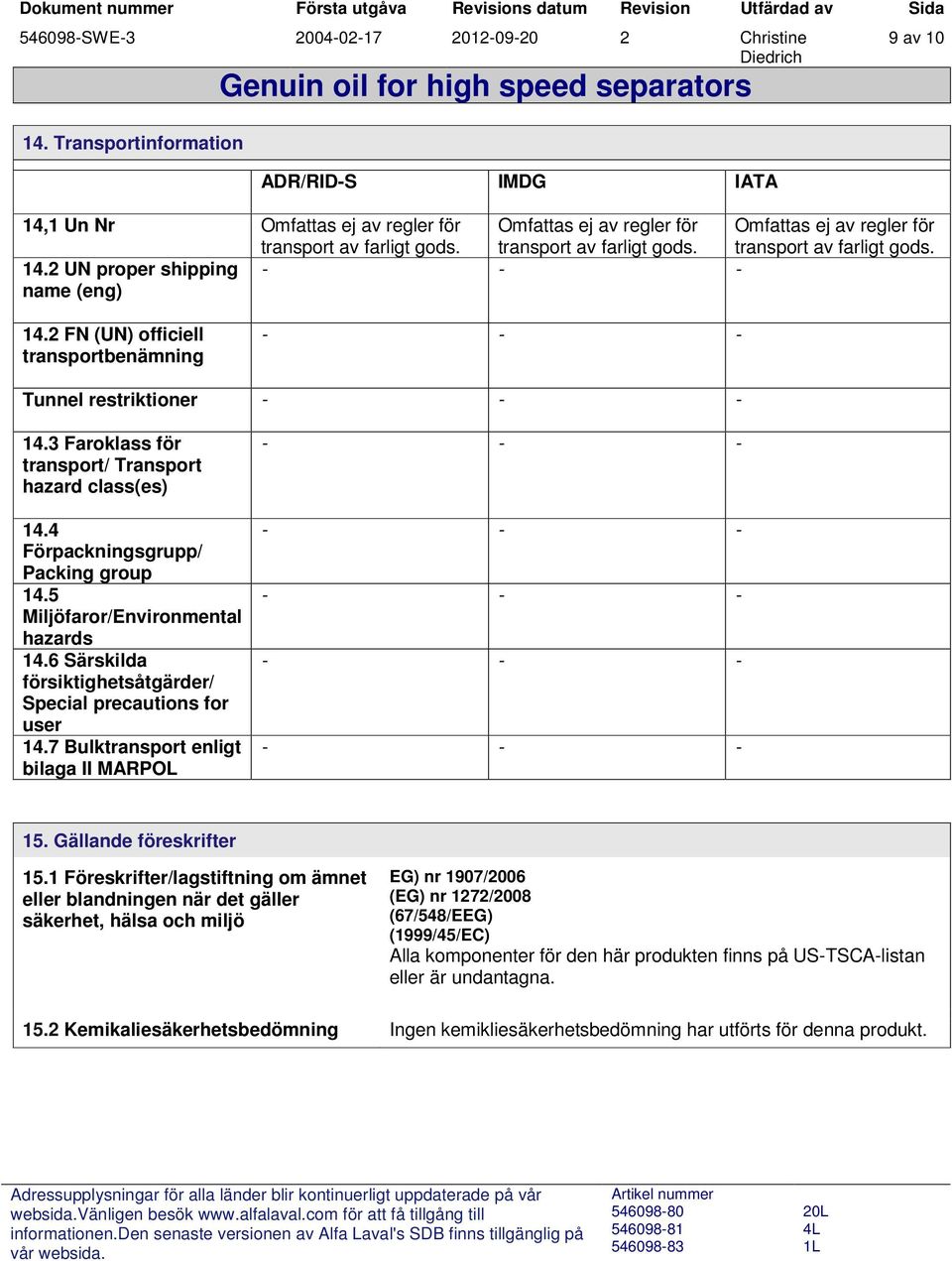 6 Särskilda försiktighetsåtgärder/ Special precautions for user 14.7 Bulktransport enligt bilaga II MARPOL 15. Gällande föreskrifter 15.