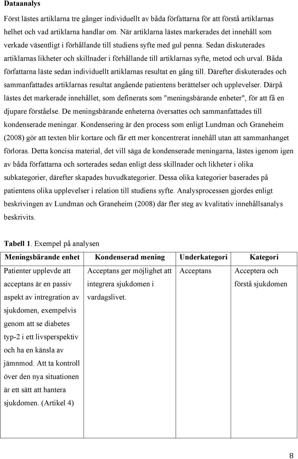 Sedan diskuterades artiklarnas likheter och skillnader i förhållande till artiklarnas syfte, metod och urval. Båda författarna läste sedan individuellt artiklarnas resultat en gång till.