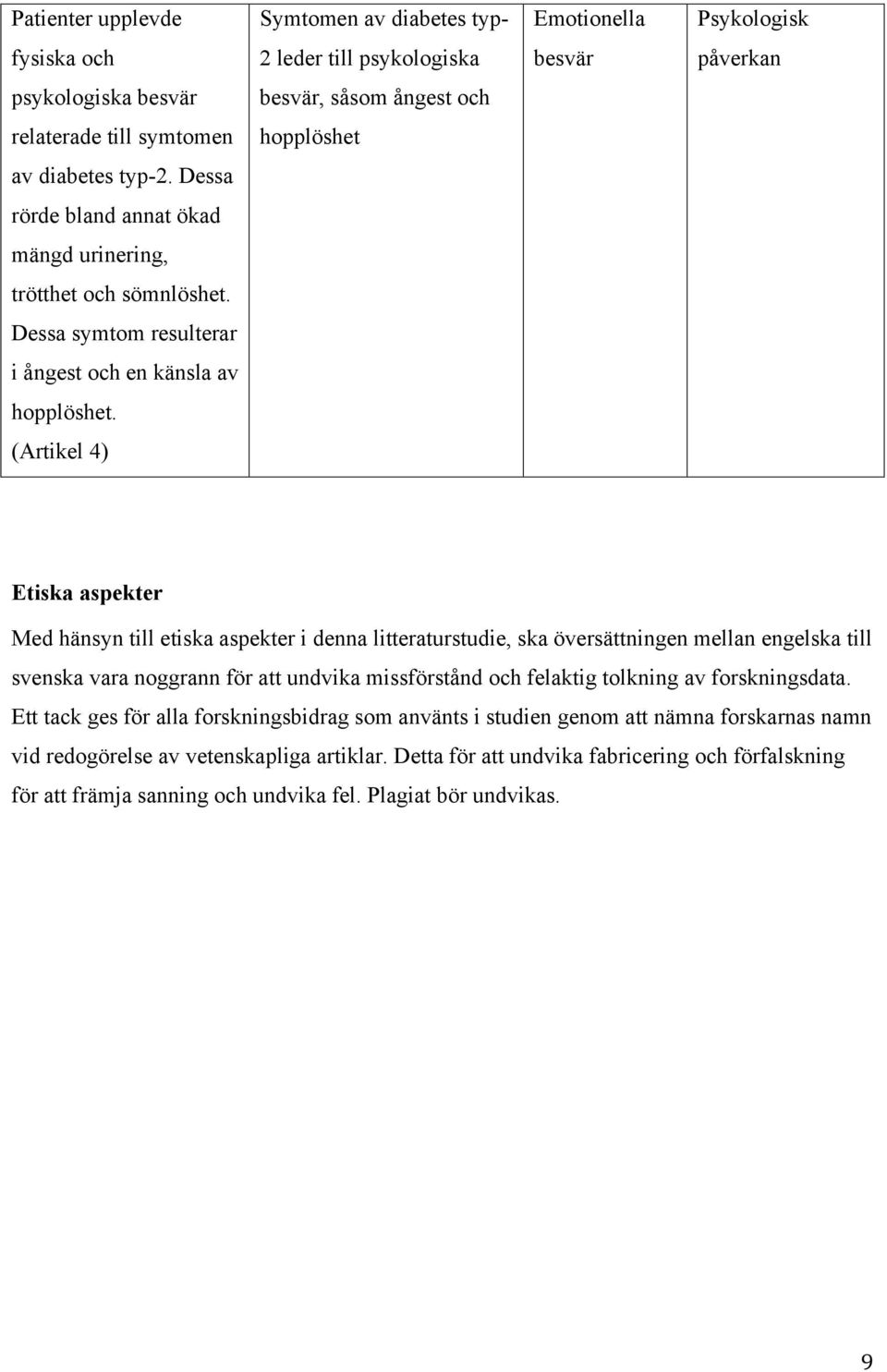 (Artikel 4) Etiska aspekter Med hänsyn till etiska aspekter i denna litteraturstudie, ska översättningen mellan engelska till svenska vara noggrann för att undvika missförstånd och felaktig tolkning