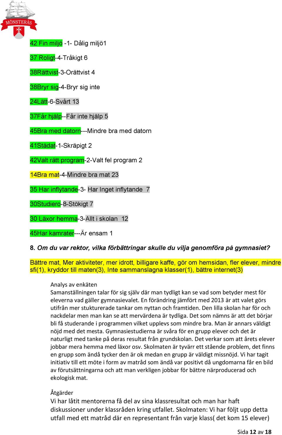 kamrater---är ensam 1 8. Om du var rektor, vilka förbättringar skulle du vilja genomföra på gymnasiet?
