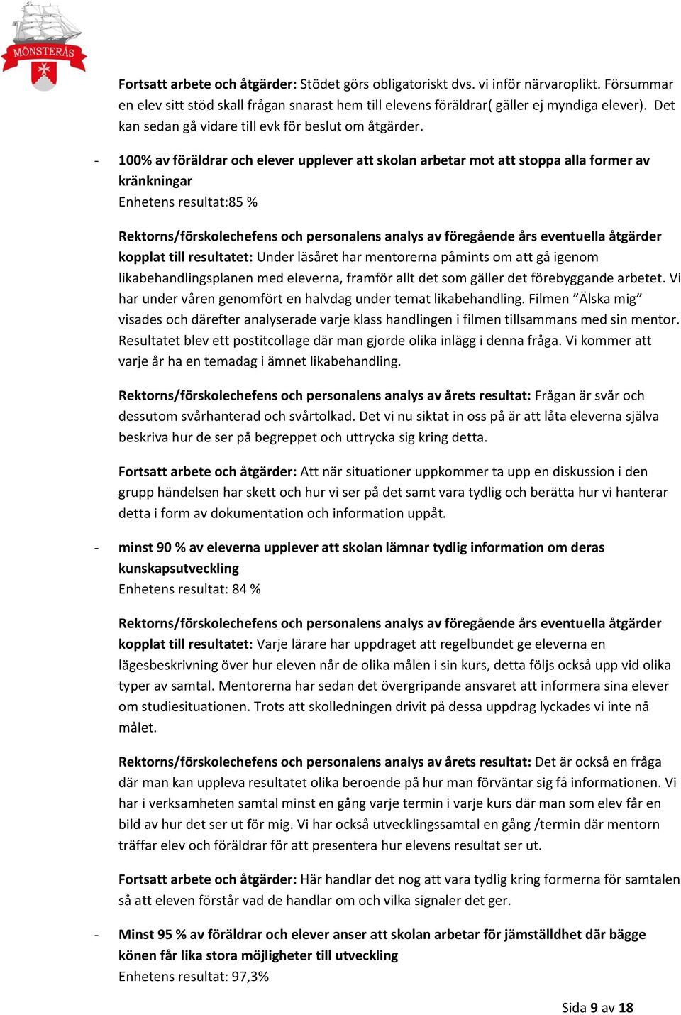 - 100% av föräldrar och elever upplever att skolan arbetar mot att stoppa alla former av kränkningar Enhetens resultat:85 % Rektorns/förskolechefens och personalens analys av föregående års