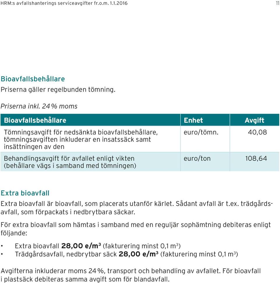 40,08 Behandlingsavgift för avfallet enligt vikten (behållare vägs i samband med tömningen) euro/ton 108,64 Extra bioavfall Extra bioavfall är bioavfall, som placerats utanför kärlet.