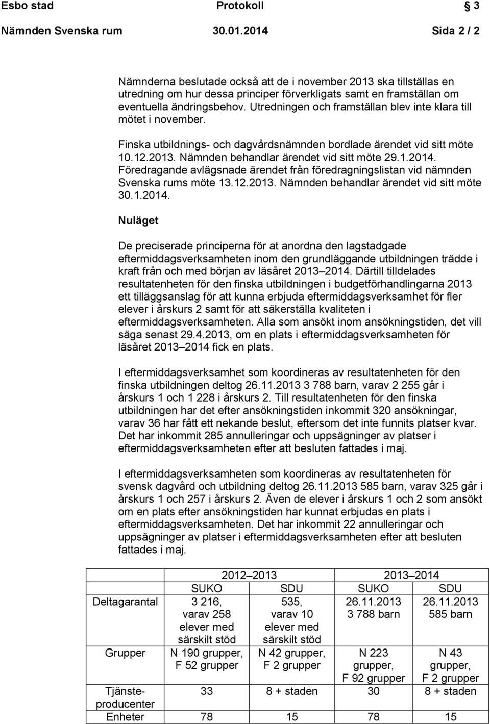 Utredningen och framställan blev inte klara till mötet i november. Finska utbildnings- och dagvårdsnämnden bordlade ärendet vid sitt möte 10.12.2013. Nämnden behandlar ärendet vid sitt möte 29.1.2014.