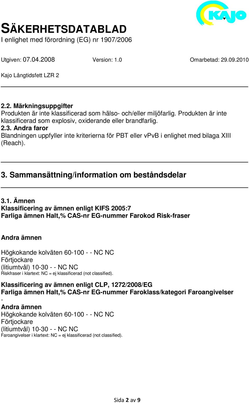 Ämnen Klassificering av ämnen enligt KIFS 2005:7 Farliga ämnen Halt,% CAS-nr EG-nummer Farokod Risk-fraser Andra ämnen Högkokande kolväten 60-100 - - NC NC Förtjockare (litiumtvål) 10-30 - - NC NC