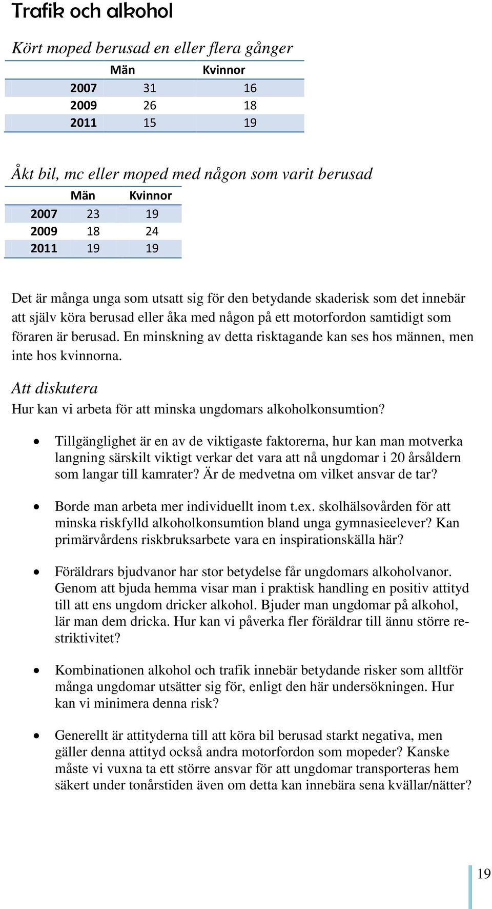 En minskning av detta risktagande kan ses hos nen, men inte hos na. Att diskutera Hur kan vi arbeta för att minska ungdomars alkoholkonsumtion?