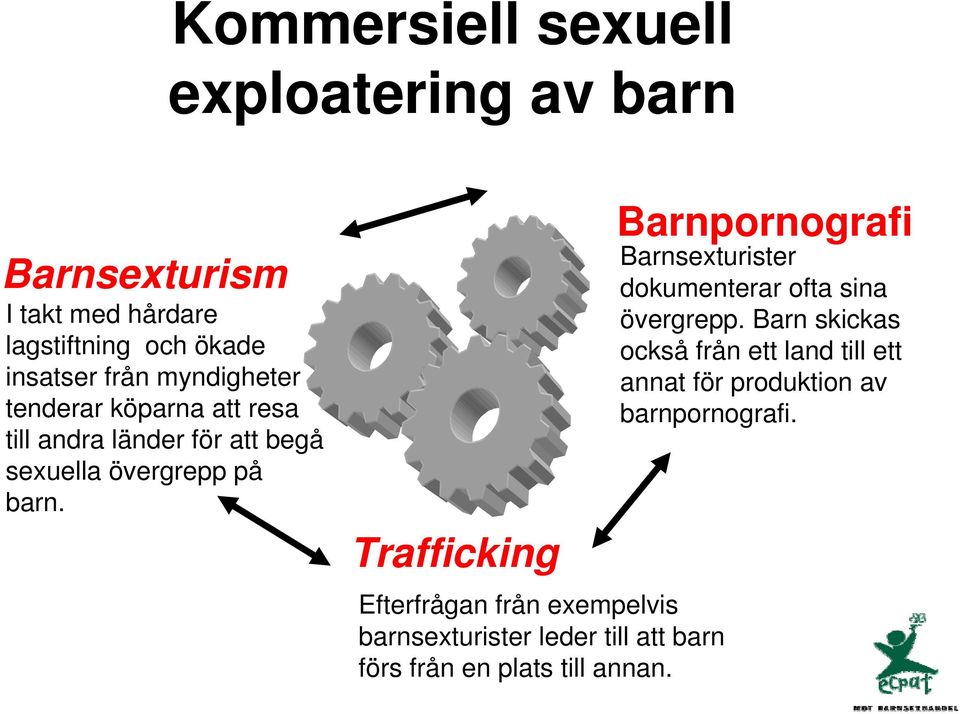 Trafficking Efterfrågan från exempelvis barnsexturister leder till att barn förs från en plats till annan.