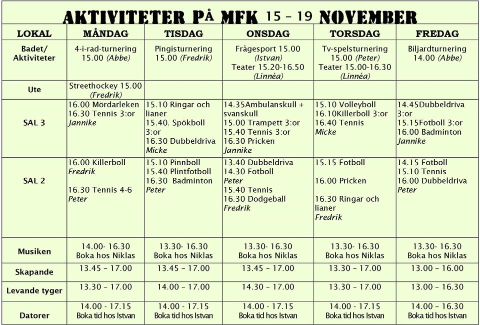 40 Plintfotboll 16.30 Badminton Frågesport 15.00 (Istvan) Teater 15.20-16.50 (Linnéa) 14.35Ambulanskull + svanskull 15.00 Trampett 3:or 15.40 Tennis 3:or 16.30 Pricken Jannike 13.40 Dubbeldriva 14.