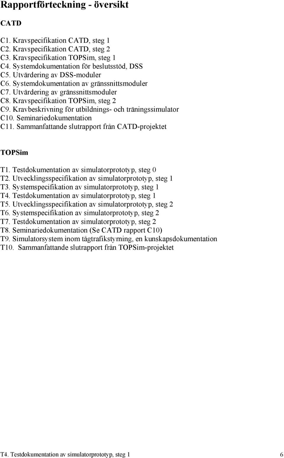 Kravbeskrivning för utbildnings- och träningssimulator C10. Seminariedokumentation C11. Sammanfattande slutrapport från CATD-projektet TOPSim T1. Testdokumentation av simulatorprototyp, steg 0 T2.