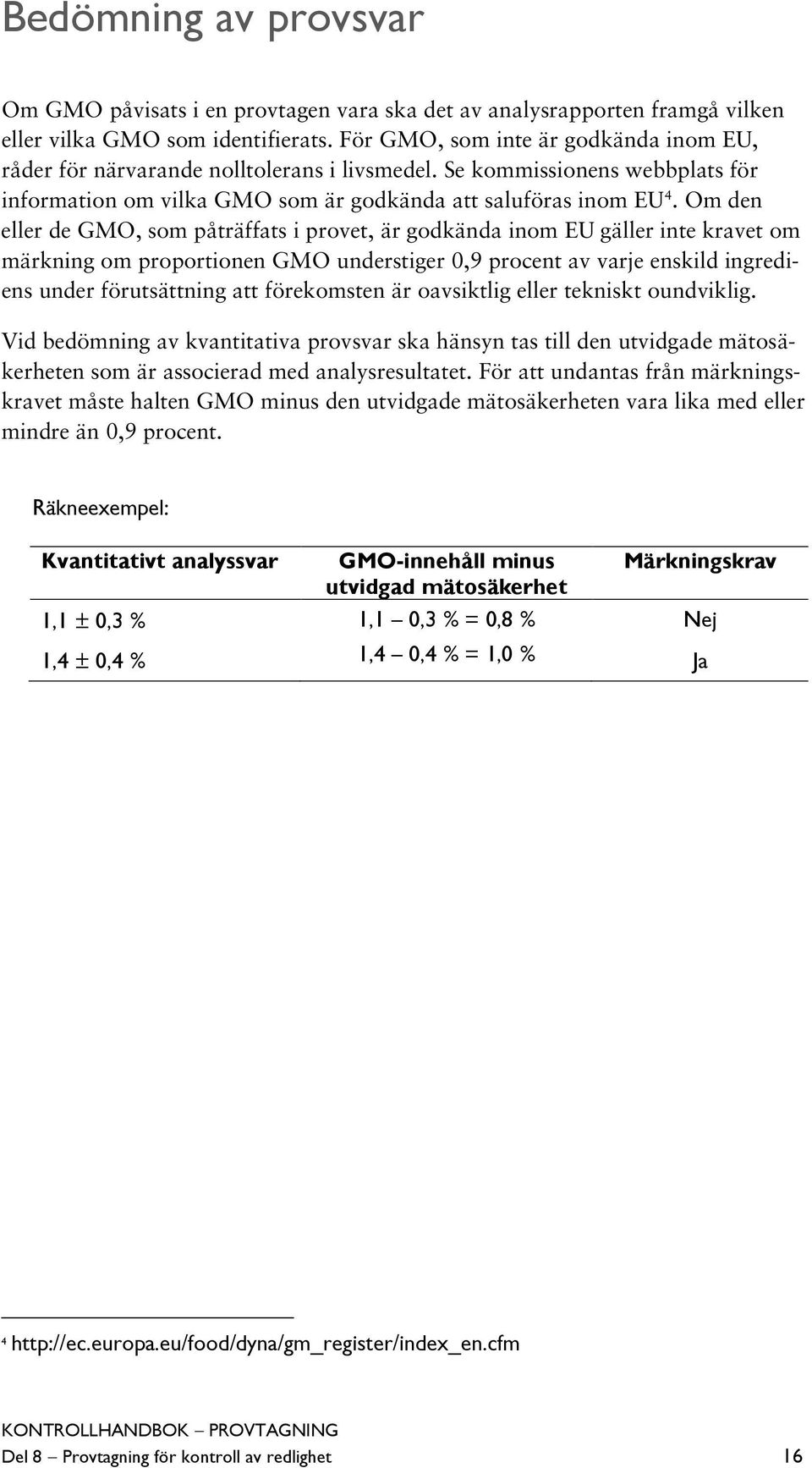 Om den eller de GMO, som påträffats i provet, är godkända inom EU gäller inte kravet om märkning om proportionen GMO understiger 0,9 procent av varje enskild ingrediens under förutsättning att