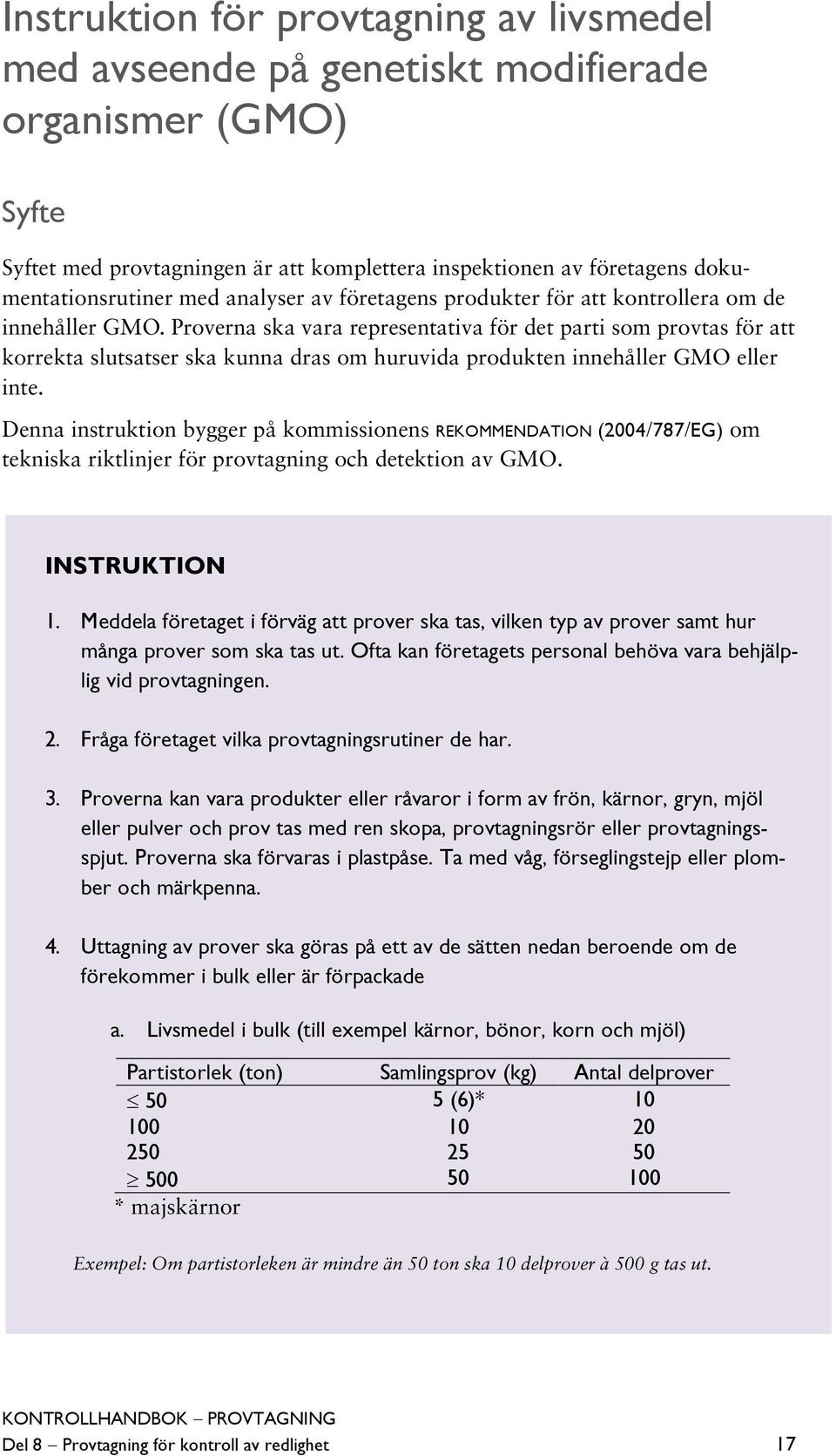 Proverna ska vara representativa för det parti som provtas för att korrekta slutsatser ska kunna dras om huruvida produkten innehåller GMO eller inte.