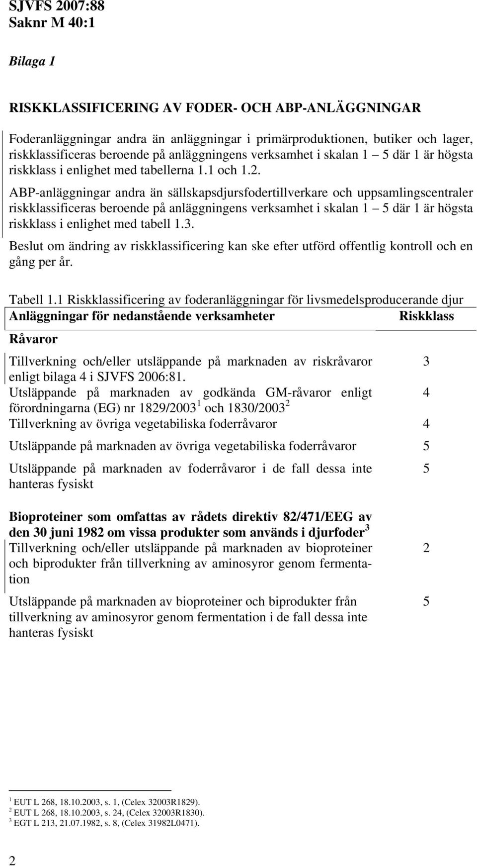 ABP-anläggningar andra än sällskapsdjursfodertillverkare och uppsamlingscentraler riskklassificeras beroende på anläggningens verksamhet i skalan 1 där 1 är högsta riskklass i enlighet med tabell 1.3.