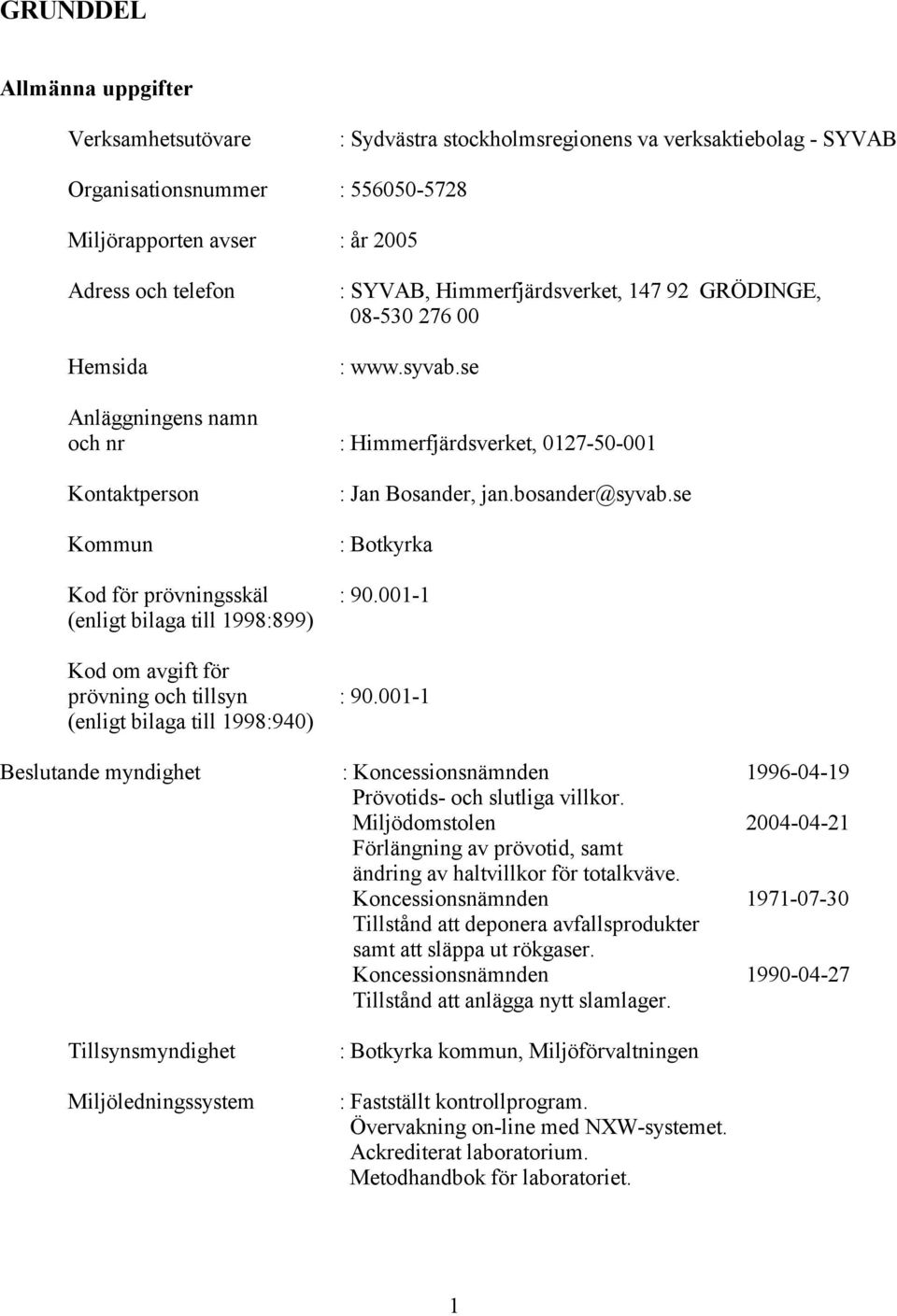 se : Botkyrka Kod för prövningsskäl : 90.001-1 (enligt bilaga till 1998:899) Kod om avgift för prövning och tillsyn : 90.