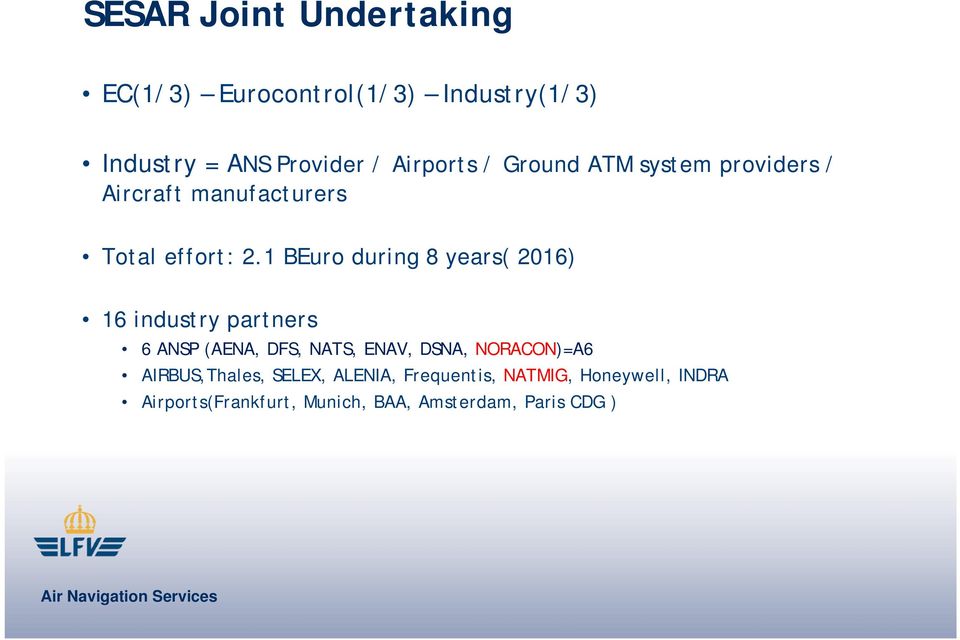 1 BEuro during 8 years( 2016) 16 industry partners 6 ANSP (AENA, DFS, NATS, ENAV, DSNA,