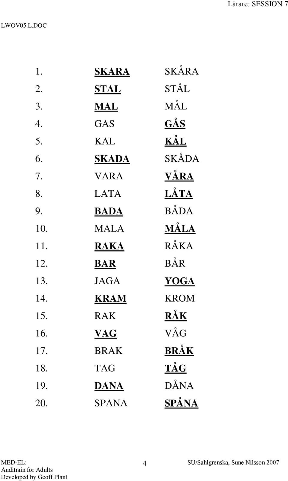 MALA MÅLA 11. RAKA RÅKA 12. BAR BÅR 13. JAGA YOGA 14. KRAM KROM 15.