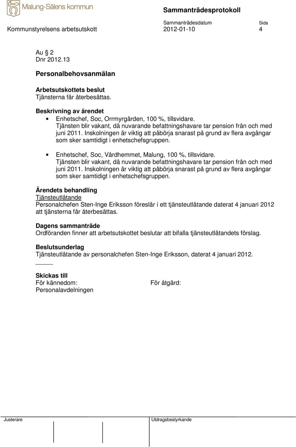 Enhetschef, Soc, Vårdhemmet, Malung, 100 %, tillsvidare.  Personalchefen Sten-Inge Eriksson föreslår i ett tjänsteutlåtande daterat 4 januari 2012 att tjänsterna får återbesättas.