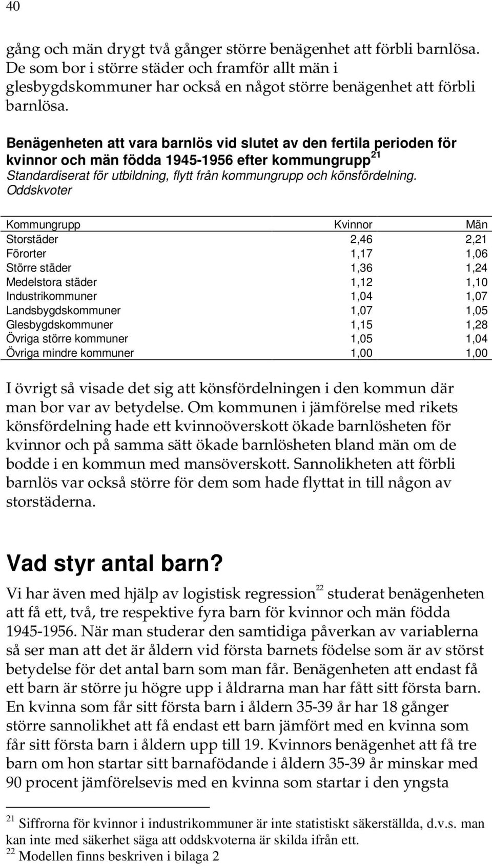 Oddskvoter Kommungrupp Kvinnor Män Storstäder 2,46 2,21 Förorter 1,17 1,06 Större städer 1,36 1,24 Medelstora städer 1,12 1,10 Industrikommuner 1,04 1,07 Landsbygdskommuner 1,07 1,05