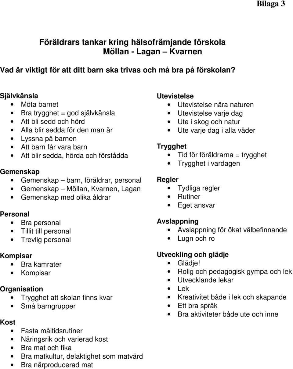 Gemenskap barn, föräldrar, personal Gemenskap Möllan, Kvarnen, Lagan Gemenskap med olika åldrar Personal Bra personal Tillit till personal Trevlig personal Kompisar Bra kamrater Kompisar Organisation