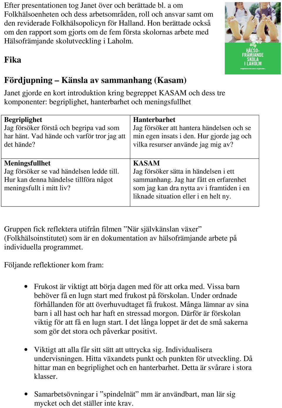 Fika Fördjupning Känsla av sammanhang (Kasam) Janet gjorde en kort introduktion kring begreppet KASAM och dess tre komponenter: begriplighet, hanterbarhet och meningsfullhet Begriplighet Jag försöker