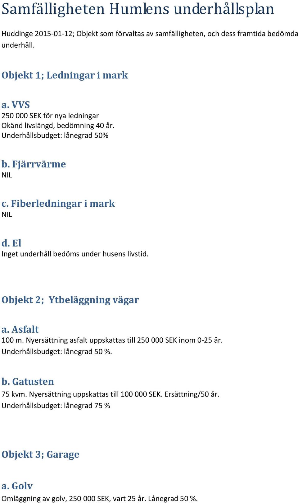 El Inget underhåll bedöms under husens livstid. Objekt 2; Ytbeläggning vägar a. Asfalt 100 m. Nyersättning asfalt uppskattas till 250 000 SEK inom 0-25 år.