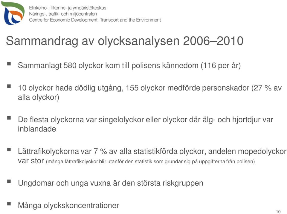 inblandade Lättrafikolyckorna var 7 % av alla statistikförda olyckor, andelen mopedolyckor var stor (många lättrafikolyckor blir utanför