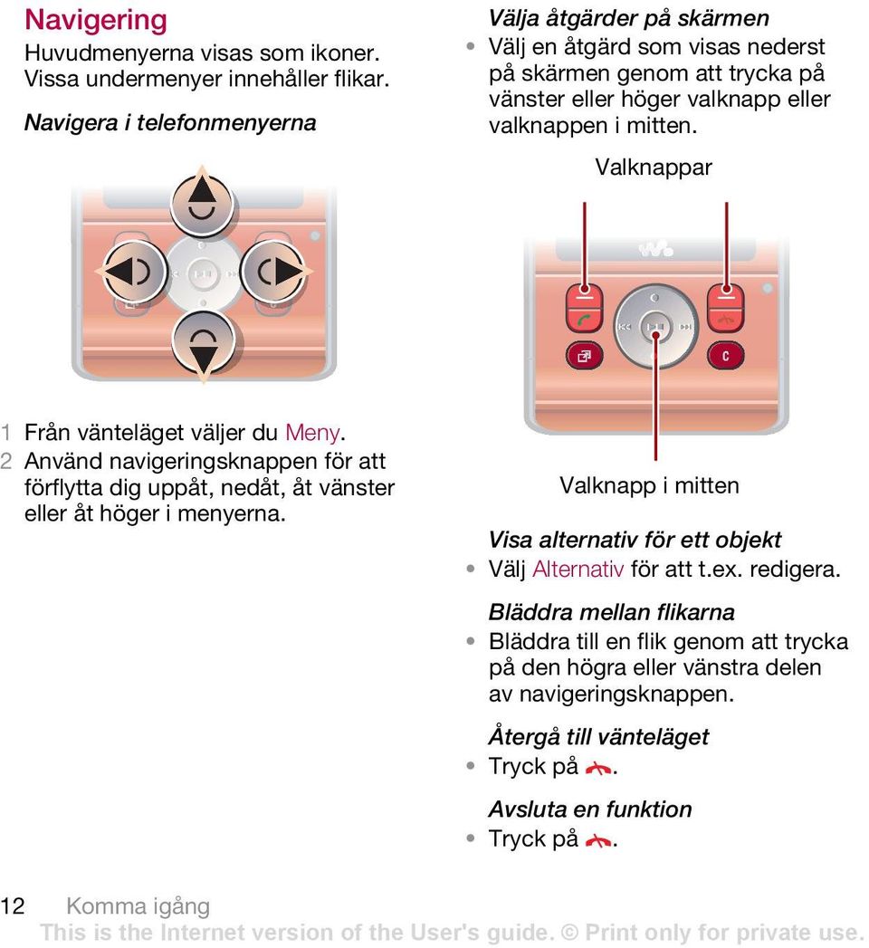 i mitten. Valknappar. 2 Använd navigeringsknappen för att förflytta dig uppåt, nedåt, åt vänster eller åt höger i menyerna.