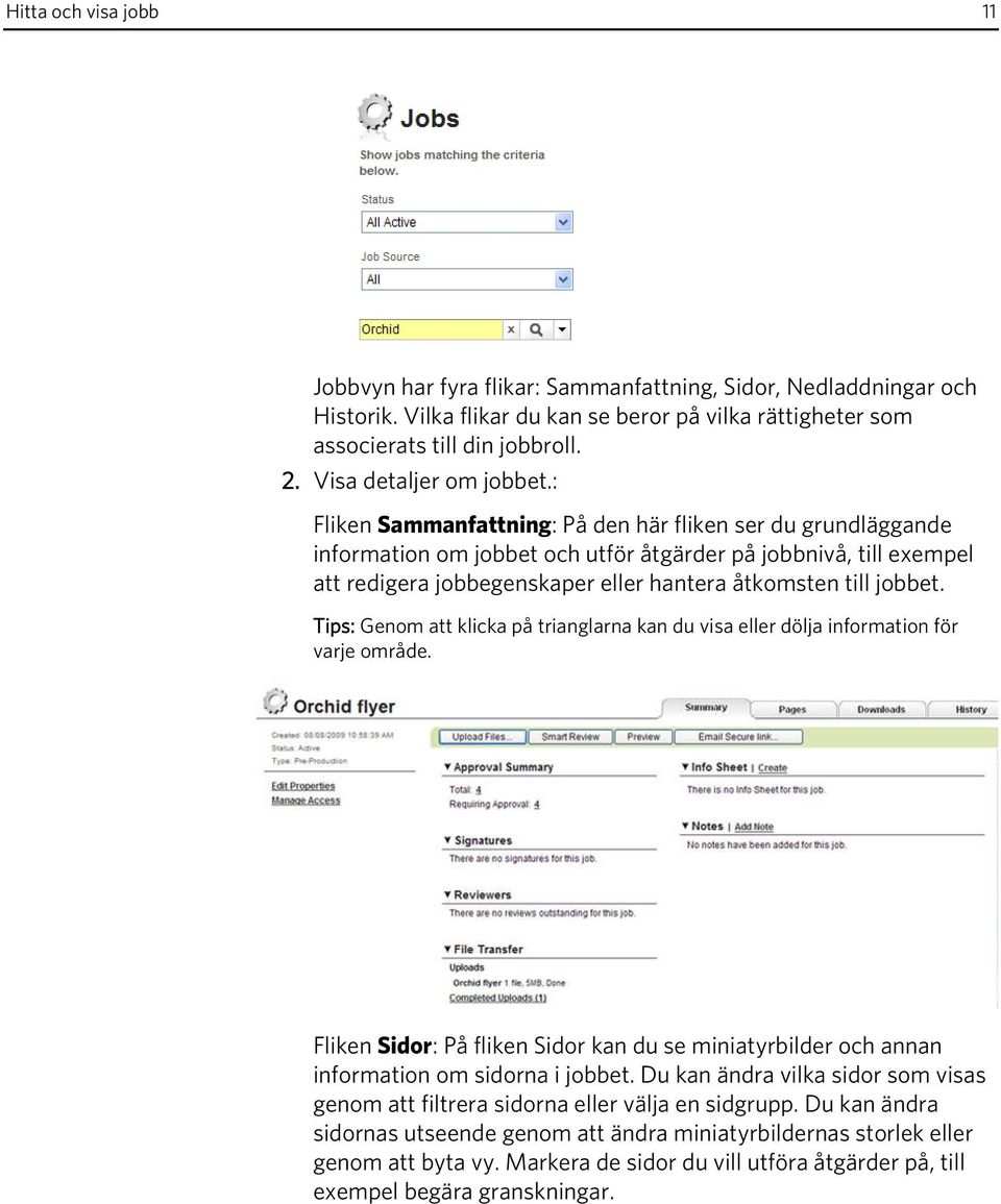 : Fliken Sammanfattning: På den här fliken ser du grundläggande information om jobbet och utför åtgärder på jobbnivå, till exempel att redigera jobbegenskaper eller hantera åtkomsten till jobbet.