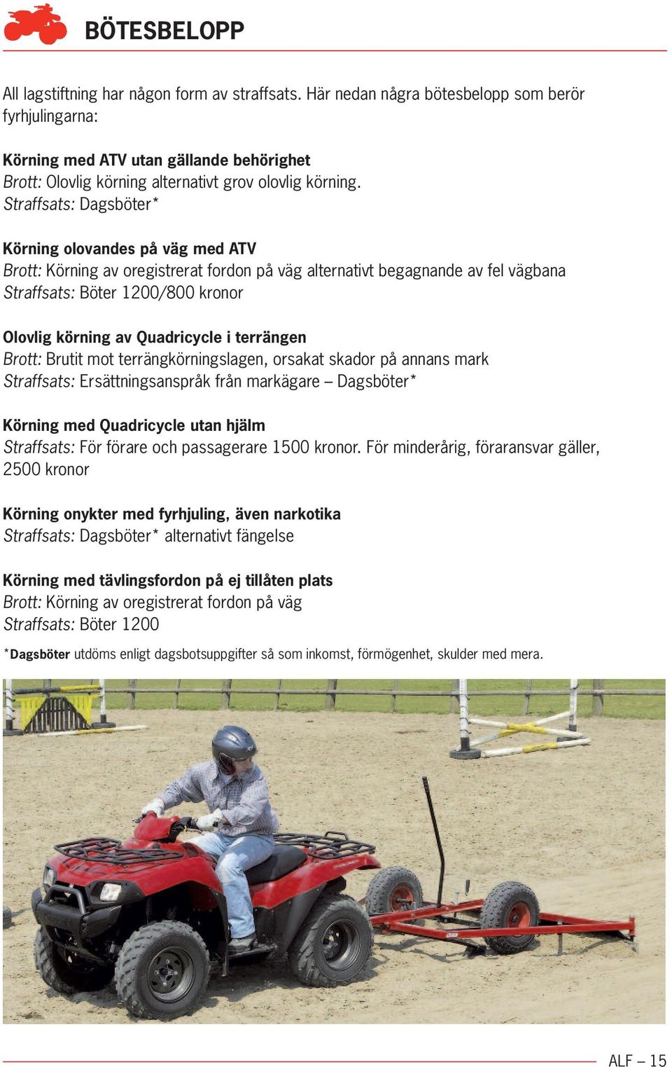 Straffsats: Dagsböter* Körning olovandes på väg med ATV Brott: Körning av oregistrerat fordon på väg alternativt begagnande av fel vägbana Straffsats: Böter 1200/800 kronor Olovlig körning av
