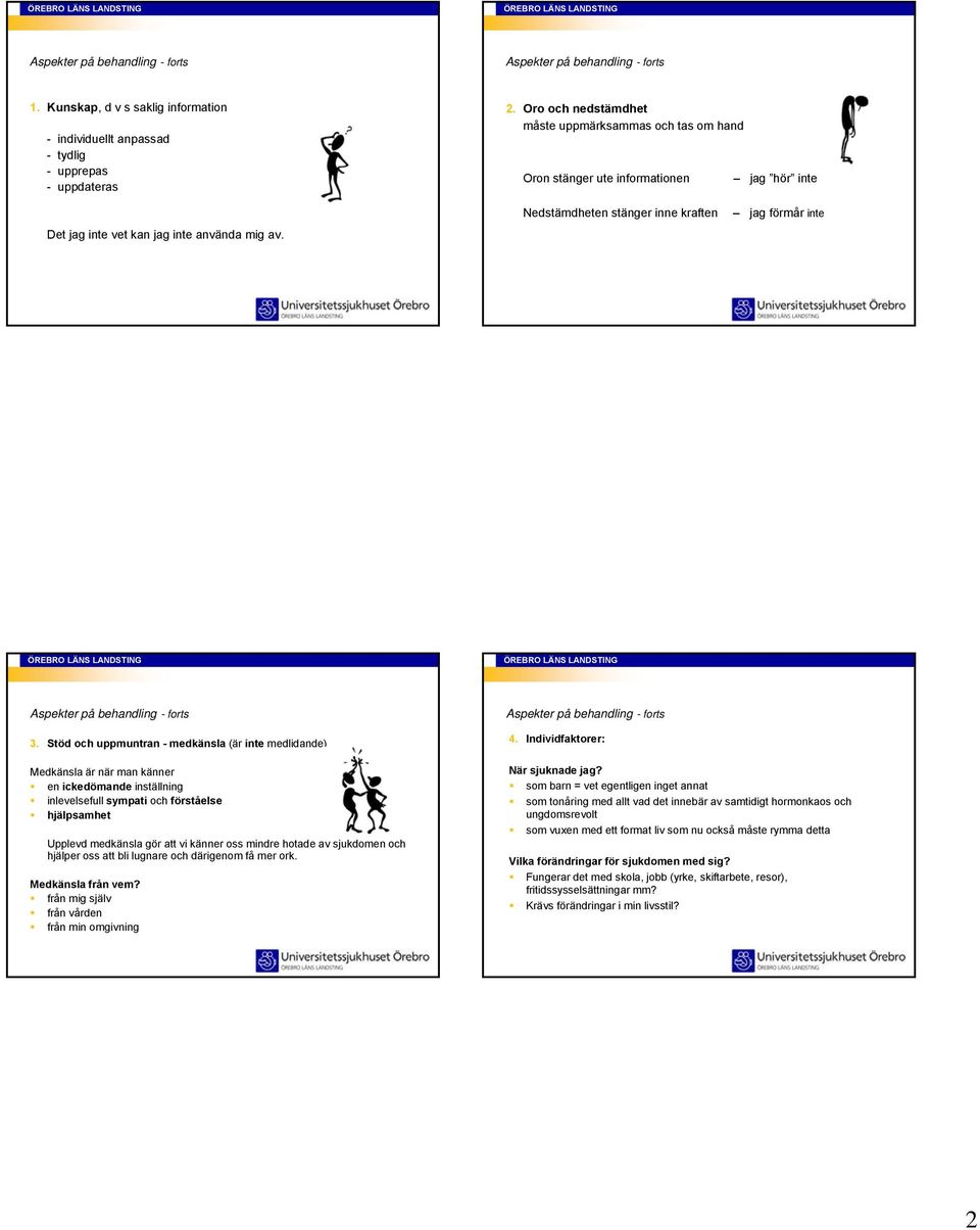 Stöd och uppmuntran - medkänsla (är inte medlidande) Medkänsla är när man känner en ickedömande inställning inlevelsefull sympati och förståelse hjälpsamhet Upplevd medkänsla gör att vi känner oss