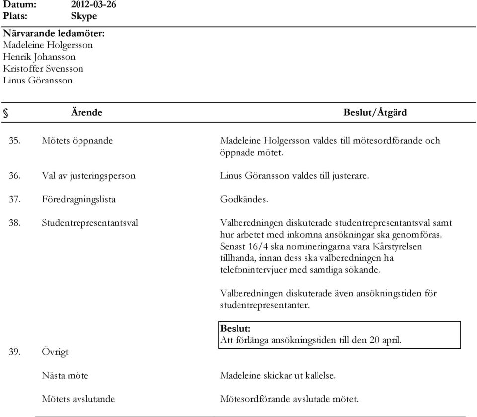 Studentrepresentantsval Valberedningen diskuterade studentrepresentantsval samt hur arbetet med inkomna ansökningar ska genomföras.